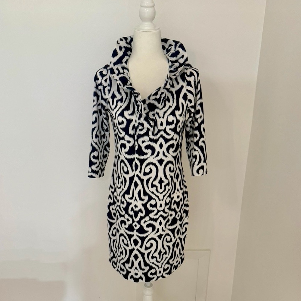 Gretchen Scott Designs Navy White Ikat Ruffleneck Jersey Dress Sz Sm. 3/4 Sleeve - Picture 3 of 6
